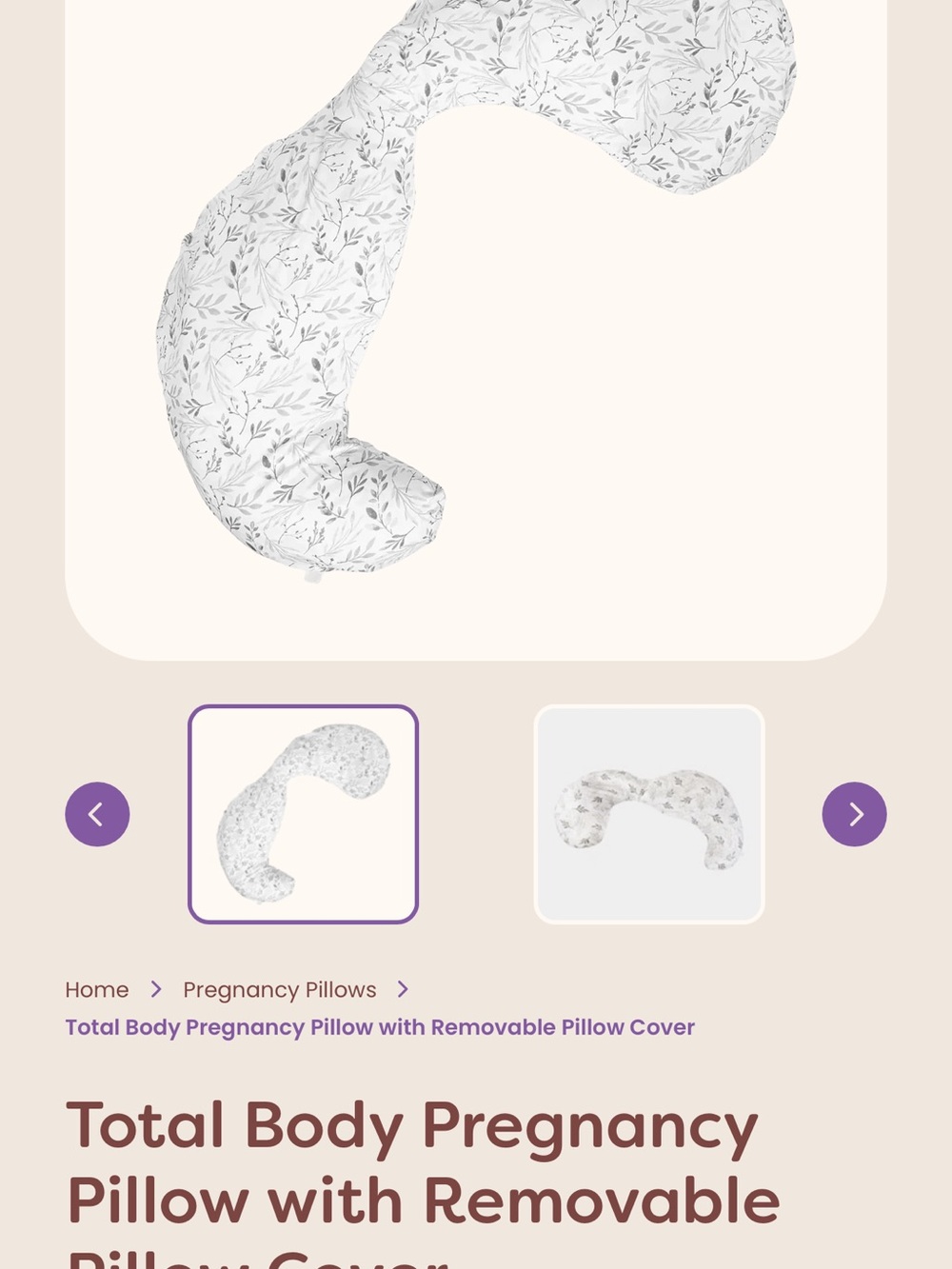 Boppy Total Body Pregnancy Pillow in White with Gray Leaf Print